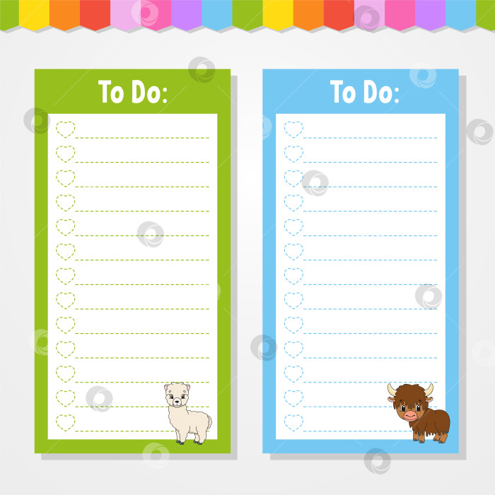 Скачать Список дел для детей. Пустой шаблон. Прямоугольная форма. Изолированная цветная векторная иллюстрация. Забавный персонаж. мультяшный стиль. Для дневника, записной книжки, закладки. фотосток Ozero