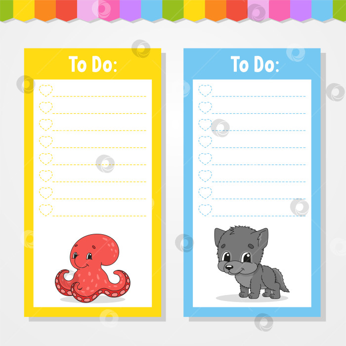 Скачать Список дел для детей. Пустой шаблон. Прямоугольная форма. Изолированная цветная векторная иллюстрация. Забавный персонаж. мультяшный стиль. Для дневника, записной книжки, закладки. фотосток Ozero