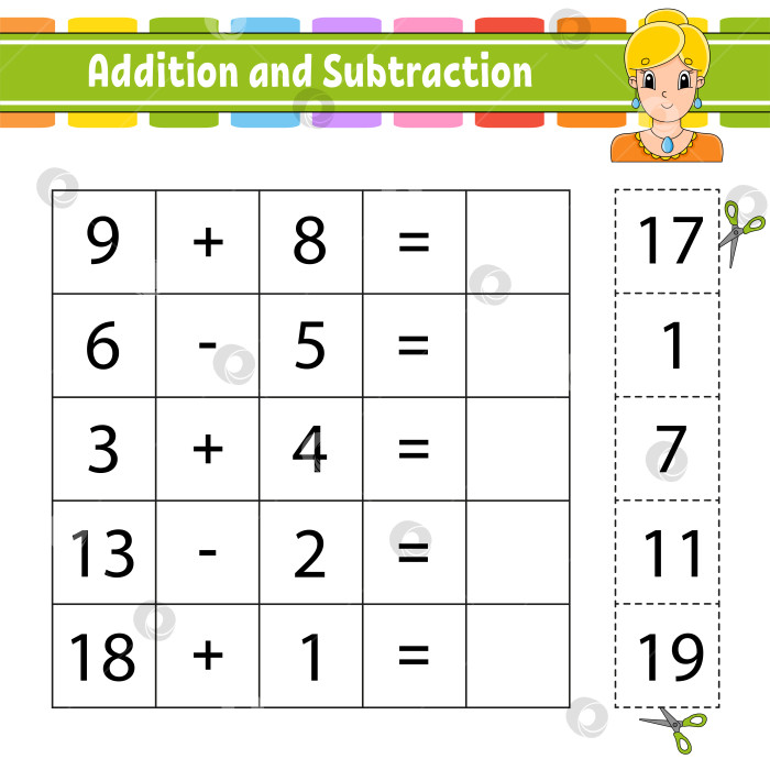 Скачать Сложение и вычитание. Задание для детей. Вырезаем и вставляем. Развивающий лист для обучения. Страница с упражнениями. Игра для детей. Забавный персонаж. Изолированная векторная иллюстрация. мультяшный стиль. фотосток Ozero