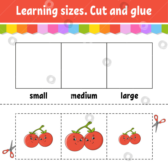 Скачать Учим размеры. Вырезаем и склеиваем. Простой уровень. Раскрашиваем рабочую тетрадь. Игра для детей. Персонаж мультфильма. Векторная иллюстрация. фотосток Ozero