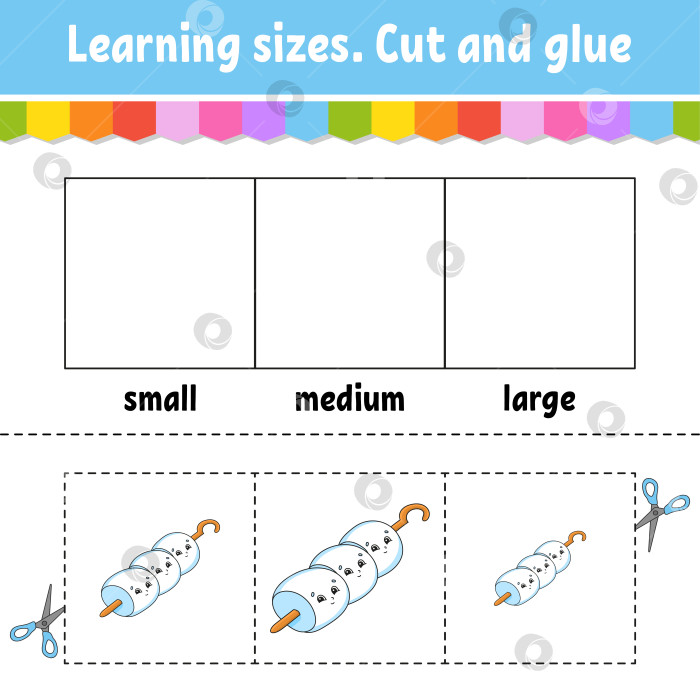 Скачать Учим размеры. Вырезаем и склеиваем. Простой уровень. Раскрашиваем рабочую тетрадь. Игра для детей. Персонаж мультфильма. Векторная иллюстрация. фотосток Ozero