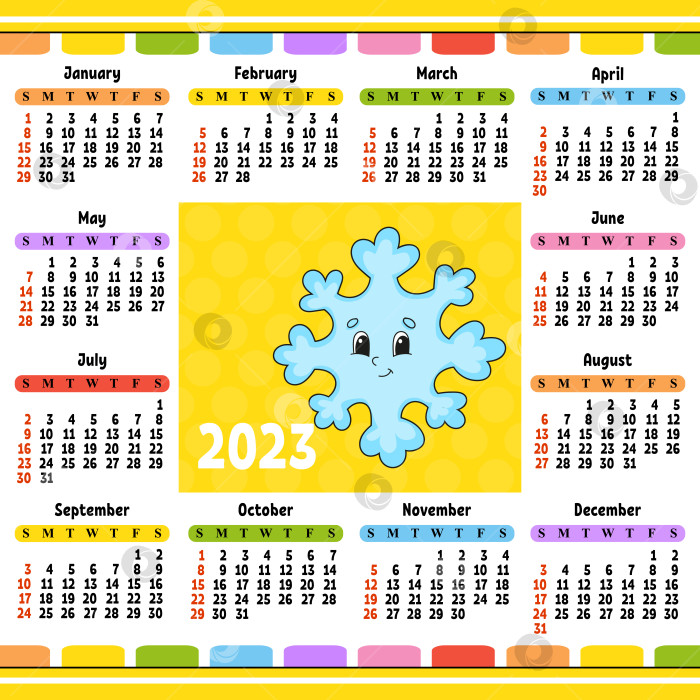 Скачать Календарь на 2023 год с симпатичным персонажем. Забавный и яркий дизайн. Мультяшный стиль. Векторная иллюстрация. фотосток Ozero