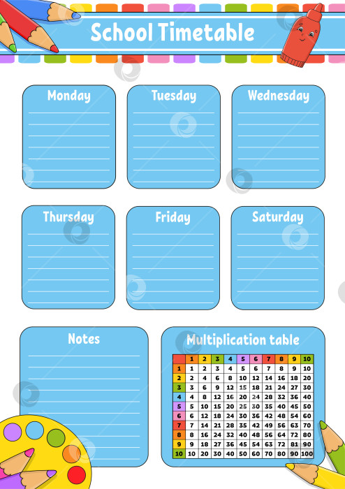 Скачать Школьное расписание с таблицей умножения. Для обучения детей. Выделено на белом фоне. С симпатичным мультяшным персонажем. фотосток Ozero