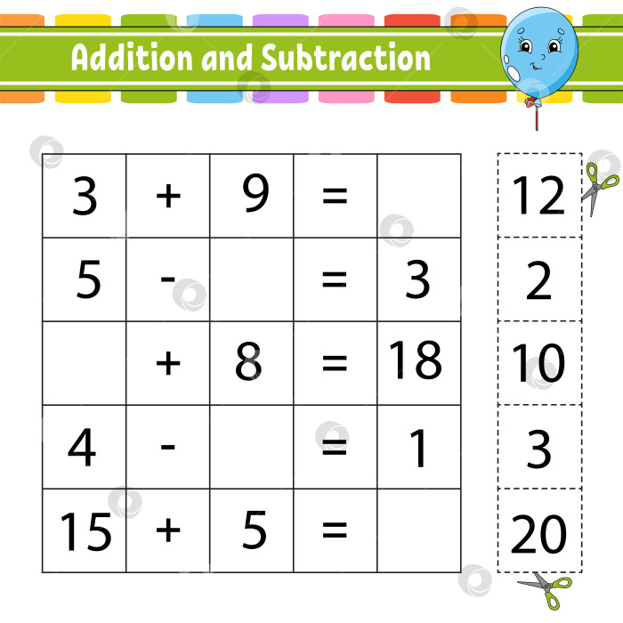 Скачать Сложение и вычитание. Задание для детей. Вырезаем и вставляем. Развивающий лист для обучения. Страница с упражнениями. Игра для детей. Забавный персонаж. Изолированная векторная иллюстрация. мультяшный стиль. фотосток Ozero