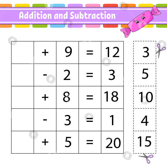 Скачать Сложение и вычитание. Задание для детей. Вырезаем и вставляем. Развивающий лист для обучения. Страница с упражнениями. Игра для детей. Забавный персонаж. Изолированная векторная иллюстрация. мультяшный стиль. фотосток Ozero