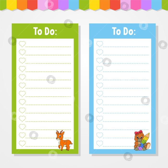Скачать Список дел для детей. Пустой шаблон. Прямоугольная форма. Изолированная цветная векторная иллюстрация. Забавный персонаж. мультяшный стиль. Для дневника, записной книжки, закладки. фотосток Ozero