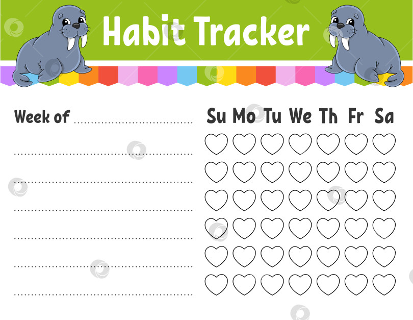 Скачать Программа отслеживания привычек для детей. Шаблон листа для печати. С симпатичным персонажем. Векторная иллюстрация. фотосток Ozero