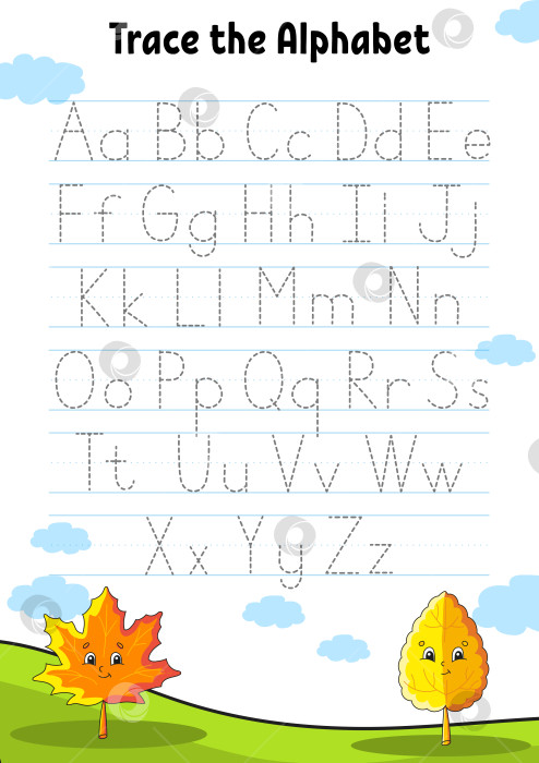 Скачать Пишем буквы. Страница с обводкой. Тренировочный лист. Рабочая тетрадь для детей. Учим алфавит. Милый персонаж. Мультяшный стиль. Векторная иллюстрация. фотосток Ozero