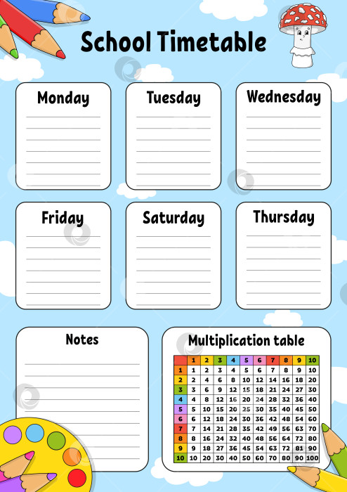 Скачать Школьное расписание. Для обучения детей. Выделено на цветном фоне. С милым мультяшным персонажем. Векторная иллюстрация. фотосток Ozero