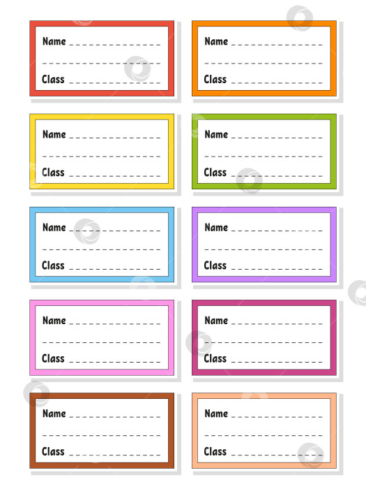 Скачать Наклейки "Назад в школу". Набор наклеек для тетрадей. Название и класс. Яркие наклейки. Прямоугольная наклейка. Цветная векторная изолированная иллюстрация. фотосток Ozero