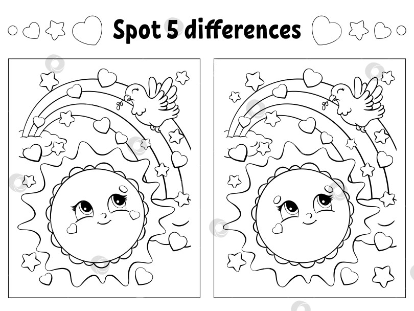 Скачать Найдите пять отличий. Раскраска для детей. Рабочая тетрадь для детей. Векторная иллюстрация, изолированная на белом фоне. фотосток Ozero