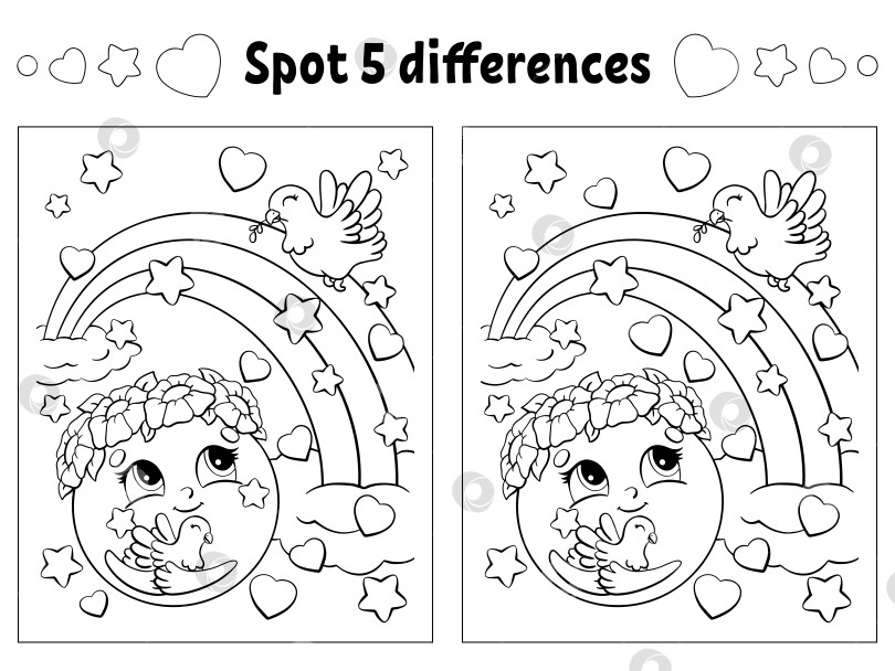 Скачать Найдите пять отличий. Раскраска для детей. Рабочая тетрадь для детей. Векторная иллюстрация, изолированная на белом фоне. фотосток Ozero