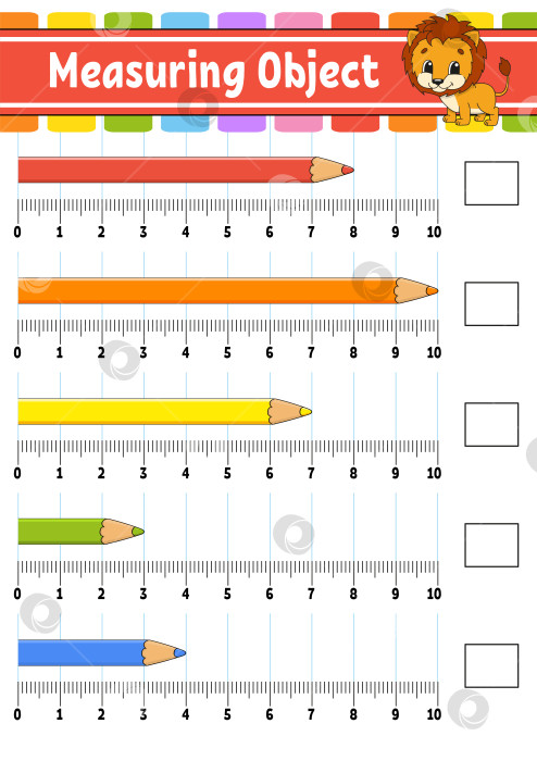Скачать Измерьте предмет линейкой. Развивающий лист для обучения. Игра для детей. Раскрась страницу с заданиями. Головоломка для детей. Милый персонаж. Векторная иллюстрация. мультяшный стиль. фотосток Ozero