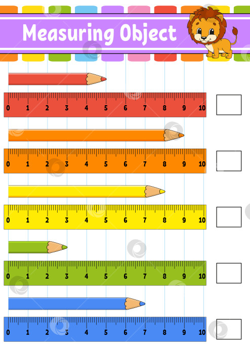 Скачать Измерьте предмет линейкой. Развивающий лист для обучения. Игра для детей. Раскрась страницу с заданиями. Головоломка для детей. Милый персонаж. Векторная иллюстрация. мультяшный стиль. фотосток Ozero