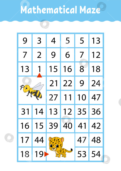 Скачать Математический лабиринт. Игра для детей. Числовой лабиринт. Развивающий лист для обучения. Страница с упражнениями. Головоломка для детей. Персонажи мультфильмов. Загадка для дошкольников. Цветная векторная иллюстрация фотосток Ozero