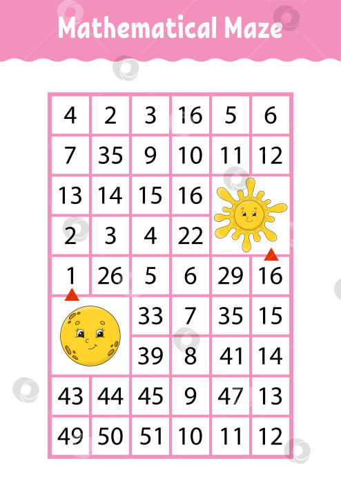 Скачать Математический лабиринт. Игра для детей. Числовой лабиринт. Развивающий лист для обучения. Страница с упражнениями. Головоломка для детей. Персонажи мультфильмов. Загадка для дошкольников. Цветная векторная иллюстрация фотосток Ozero