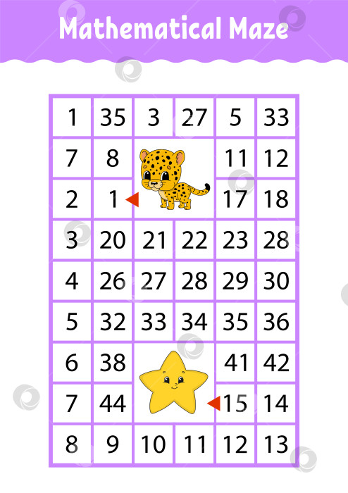 Скачать Математический лабиринт. Игра для детей. Числовой лабиринт. Развивающий лист для обучения. Страница с упражнениями. Головоломка для детей. Персонажи мультфильмов. Загадка для дошкольников. Цветная векторная иллюстрация фотосток Ozero