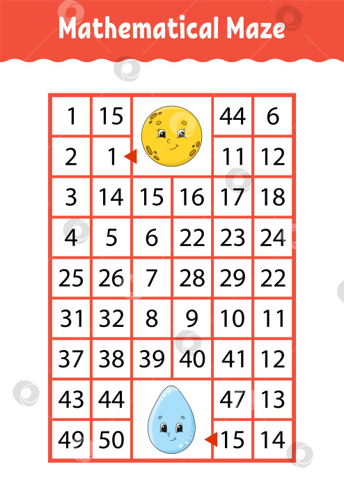 Скачать Математический лабиринт. Игра для детей. Числовой лабиринт. Развивающий лист для обучения. Страница с упражнениями. Головоломка для детей. Персонажи мультфильмов. Загадка для дошкольников. Цветная векторная иллюстрация фотосток Ozero
