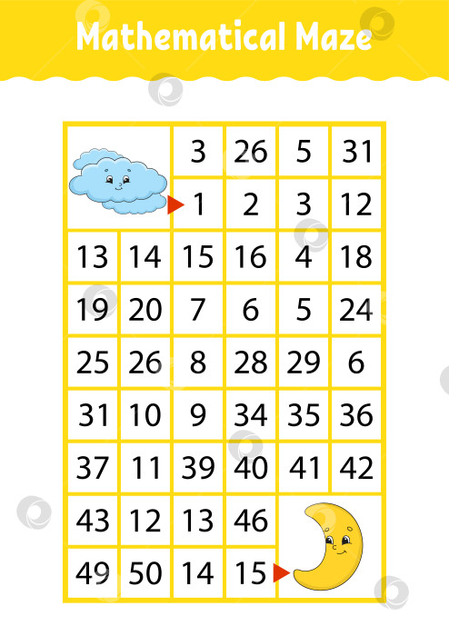 Скачать Математический лабиринт. Игра для детей. Числовой лабиринт. Развивающий лист для обучения. Страница с упражнениями. Головоломка для детей. Персонажи мультфильмов. Загадка для дошкольников. Цветная векторная иллюстрация фотосток Ozero
