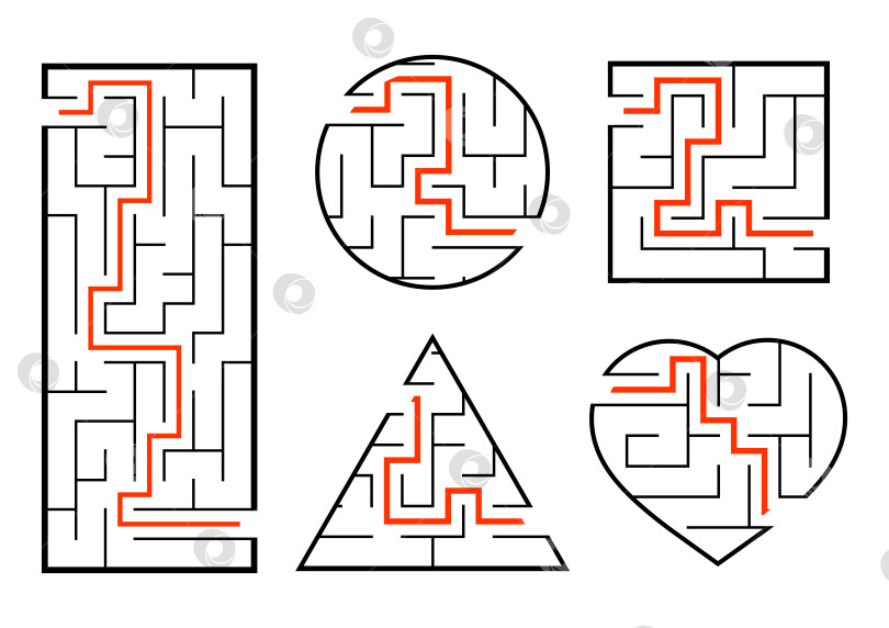 Скачать Набор лабиринтов. Игра для детей. Головоломка для детей. Головоломка-лабиринт. Найди правильный путь. Векторная иллюстрация. фотосток Ozero