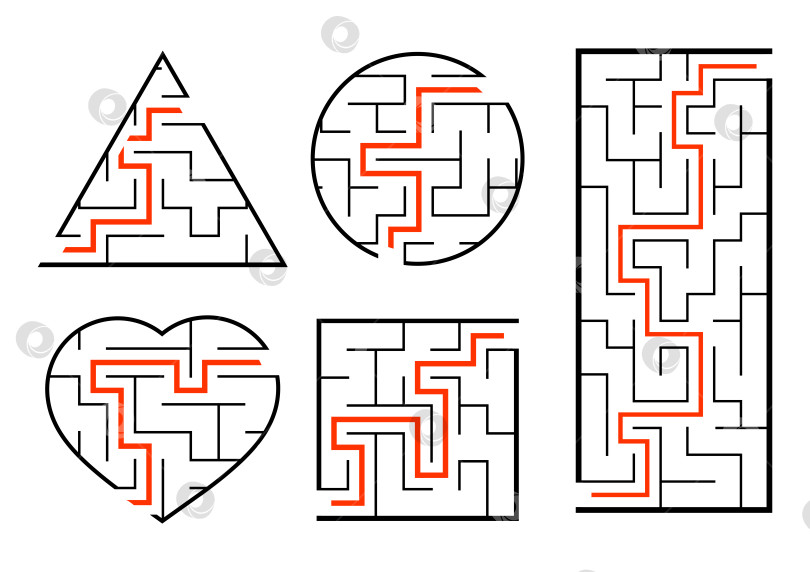 Скачать Набор лабиринтов. Игра для детей. Головоломка для детей. Головоломка-лабиринт. Найди правильный путь. Векторная иллюстрация. фотосток Ozero