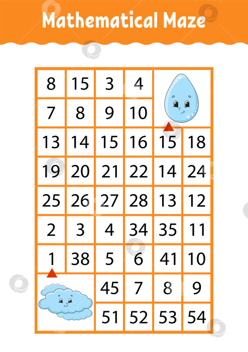 Скачать Математический лабиринт. Игра для детей. Числовой лабиринт. Развивающий лист для обучения. Страница с упражнениями. Головоломка для детей. Персонажи мультфильмов. Загадка для дошкольников. Цветная векторная иллюстрация фотосток Ozero