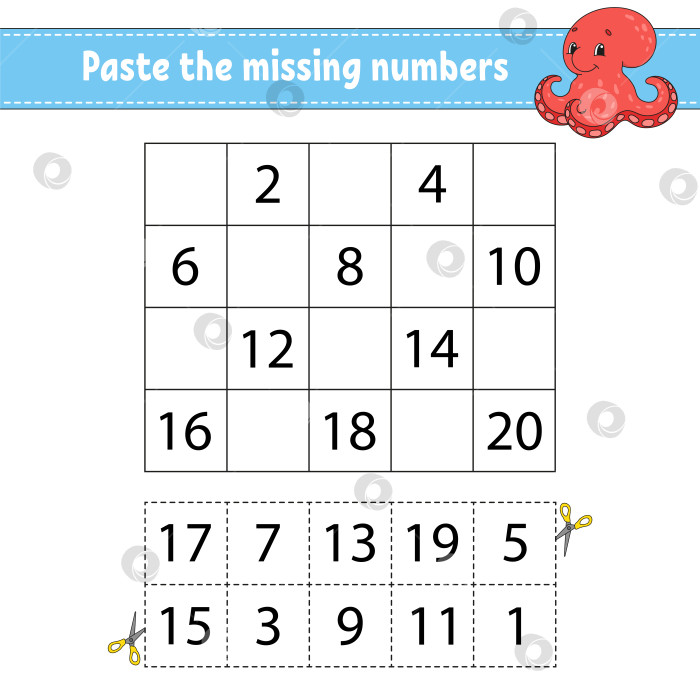 Скачать Вставьте пропущенные цифры. Игра для детей. Тренируйте почерк. Учим цифры для детей. Развивающий лист для обучения. Страница с упражнениями. Изолированная векторная иллюстрация в милом мультяшном стиле фотосток Ozero