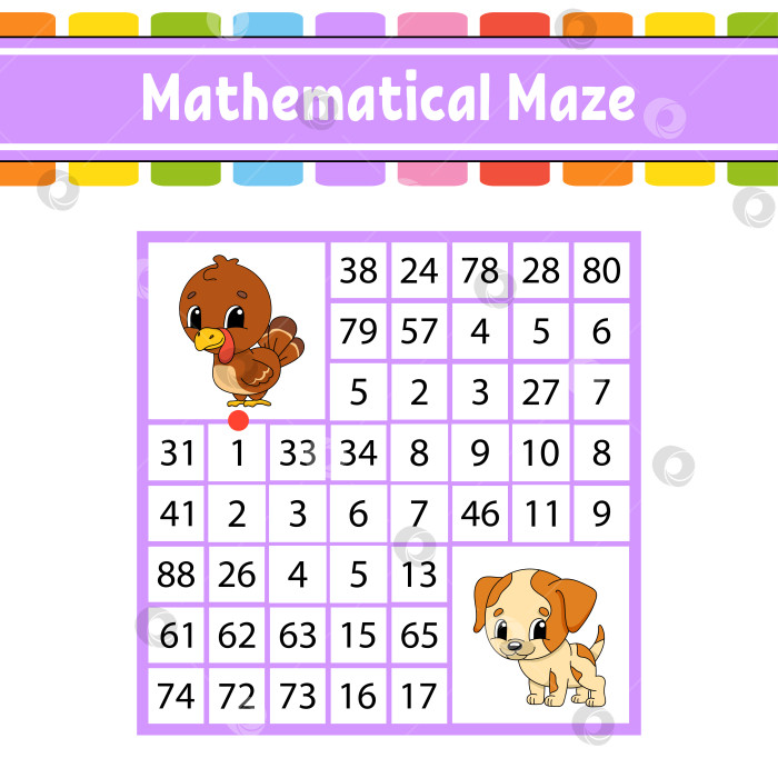 Скачать Математический лабиринт. Игра для детей. Числовой лабиринт. Развивающий лист для обучения. Страница с упражнениями. Головоломка для детей. Персонажи мультфильмов. Загадка для дошкольников. Цветная векторная иллюстрация фотосток Ozero