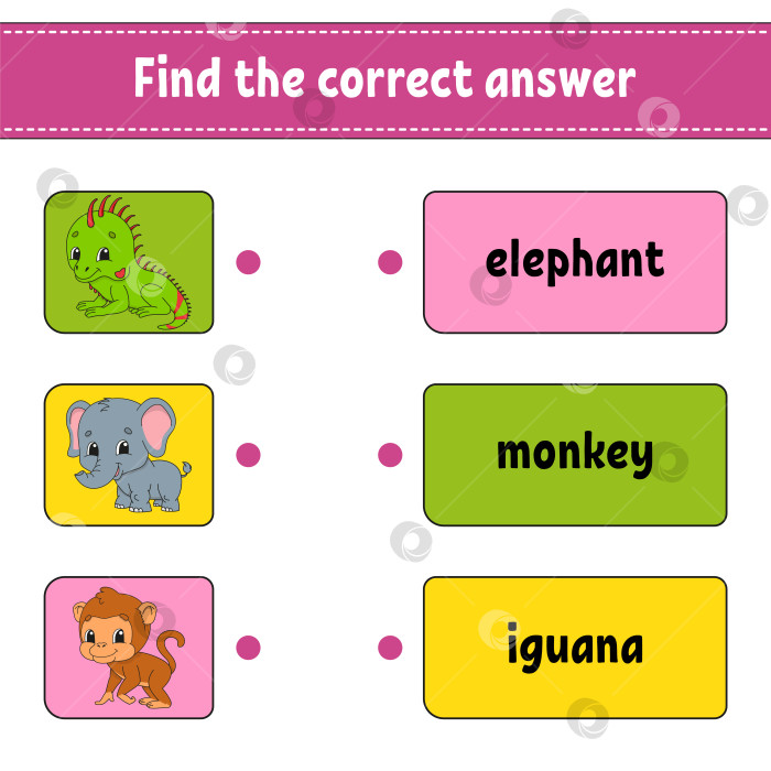 Скачать Найдите правильный ответ. Проведите линию. Учим слова. Развивающий лист для обучения. Страница с упражнениями для изучения английского языка. Игра для детей. Забавный персонаж. Изолированная векторная иллюстрация. Мультяшный стиль. фотосток Ozero