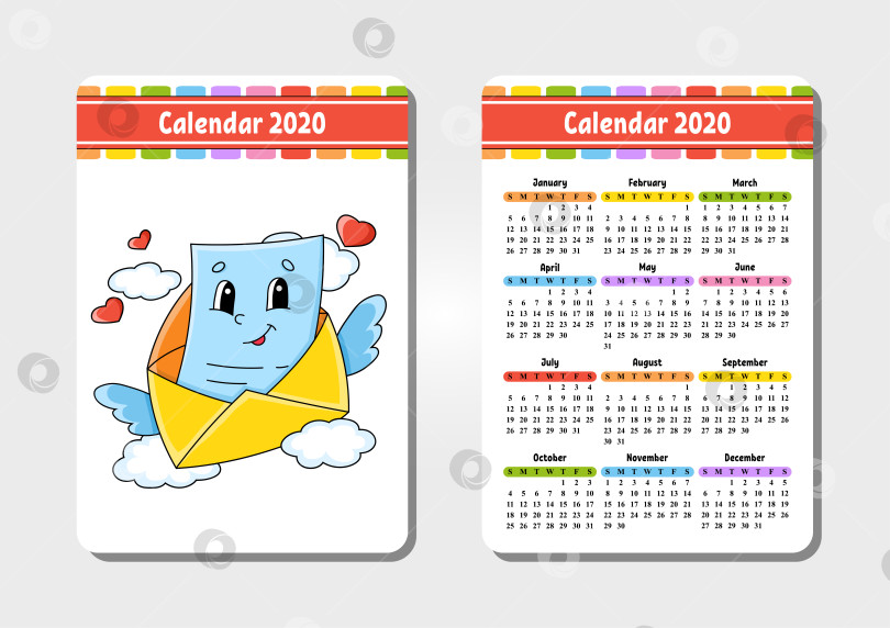 Скачать Календарь на 2020 год с симпатичным персонажем. Карманный размер. Забавный и яркий дизайн. Изолированная векторная иллюстрация. Мультяшный стиль. фотосток Ozero