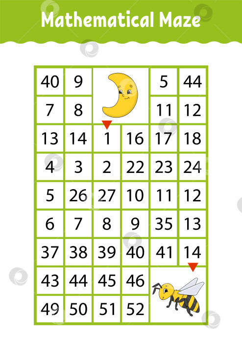 Скачать Математический лабиринт. Игра для детей. Числовой лабиринт. Развивающий лист для обучения. Страница с упражнениями. Головоломка для детей. Персонажи мультфильмов. Загадка для дошкольников. Цветная векторная иллюстрация фотосток Ozero