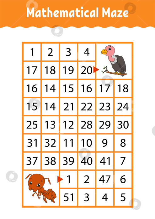 Скачать Математический прямоугольный лабиринт. Муравей и гриф. Игра для детей. Числовой лабиринт. Рабочая тетрадь. Страница с упражнениями. Загадка для детей. Персонажи мультфильмов. фотосток Ozero