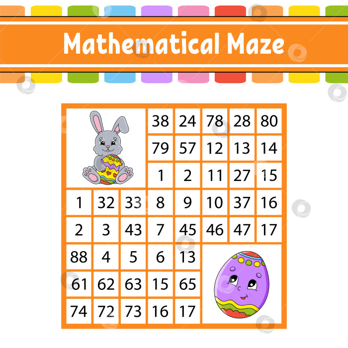 Скачать Математический лабиринт. Игра для детей. Числовой лабиринт. Развивающий лист для обучения. Страница с упражнениями. Головоломка для детей. Персонажи мультфильмов. Пасхальная тема. Цветная векторная иллюстрация фотосток Ozero