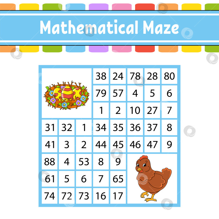 Скачать Математический лабиринт. Игра для детей. Числовой лабиринт. Развивающий лист для обучения. Страница с упражнениями. Головоломка для детей. Персонажи мультфильмов. Пасхальная тема. Цветная векторная иллюстрация фотосток Ozero
