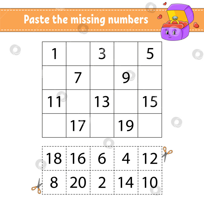 Скачать Вставьте пропущенные цифры от 1 до 20. Игра для детей. Тренируйте почерк. Учим цифры для детей. Развивающий лист для обучения. Страница с упражнениями. Изолированная векторная иллюстрация в милом мультяшном стиле. фотосток Ozero