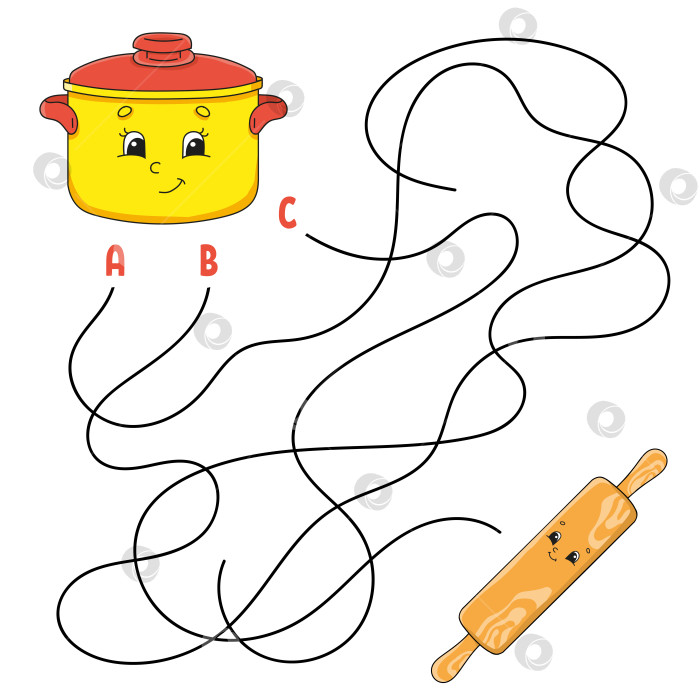Скачать Простой лабиринт. Сковородка и скалка. Лабиринт для детей. Рабочая тетрадь. Головоломка для детей. Персонаж мультфильма. Логическая головоломка. Цветная векторная иллюстрация. фотосток Ozero
