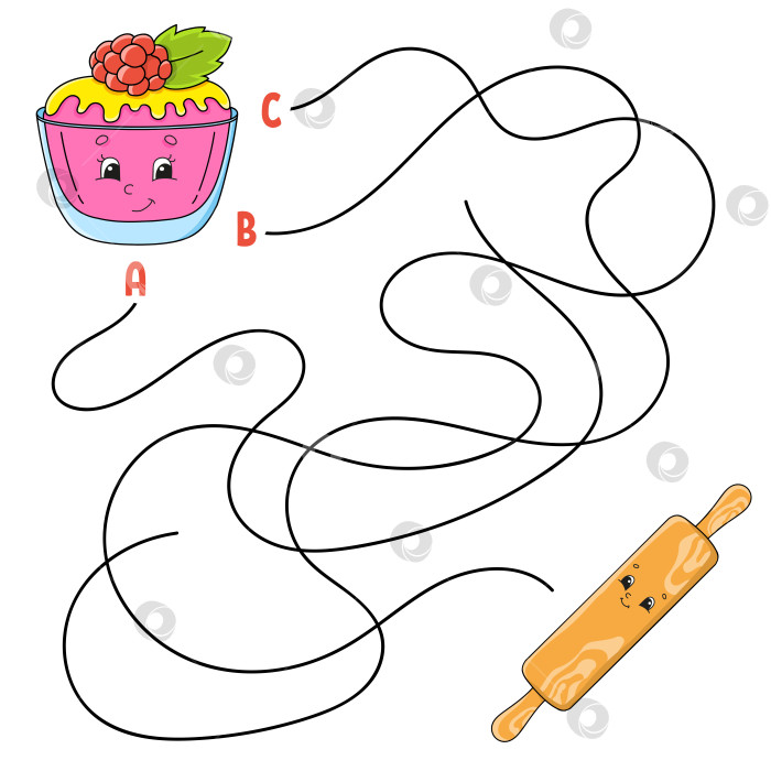 Скачать Простой лабиринт. Торт и скалка. Лабиринт для детей. Рабочая тетрадь. Головоломка для детей. Персонаж мультфильма. Логическая головоломка. Цветная векторная иллюстрация. фотосток Ozero
