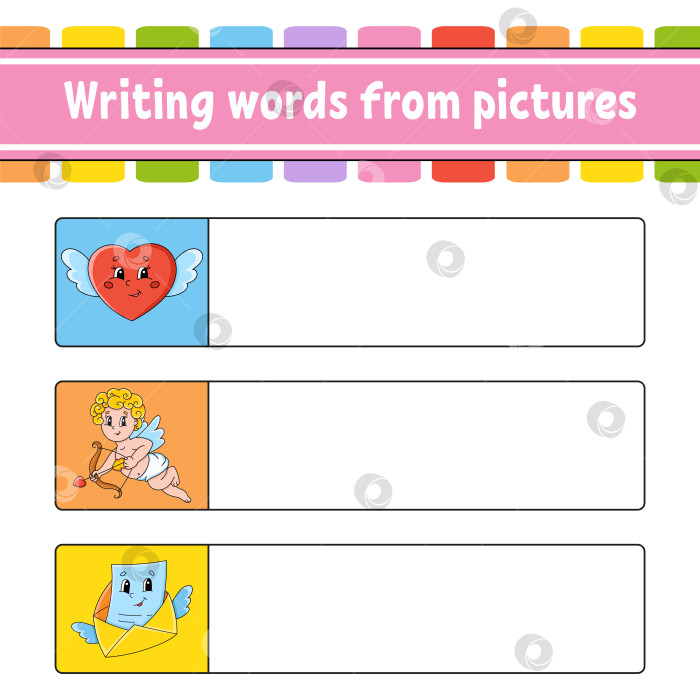 Скачать Составление слов по картинкам. Развивающий лист для обучения. Сердечко, купидон, конверт. Страница с заданиями для детей. Головоломка для детей. Изолированная векторная иллюстрация. Персонажи мультфильмов. фотосток Ozero