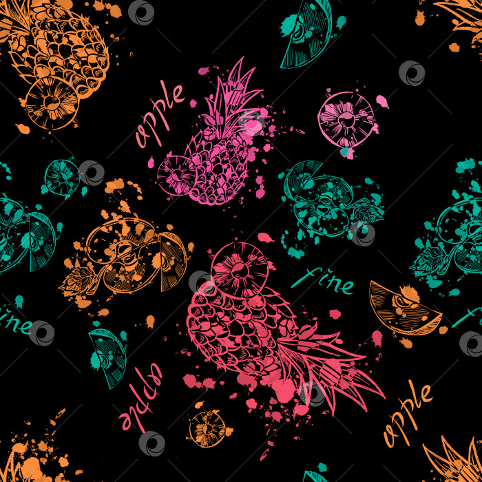 Скачать Яркий и сочный бесшовный узор с ананасами и яблоками на черном фоне фотосток Ozero