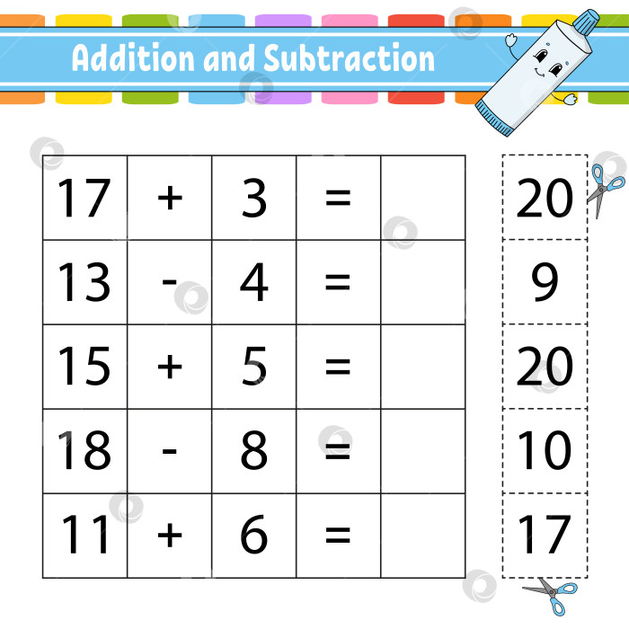 Скачать Сложение и вычитание. Задание для детей. Вырезаем и вставляем. Развивающий лист для обучения. Страница с упражнениями. Игра для детей. Забавный персонаж. Изолированная векторная иллюстрация. Мультяшный стиль. фотосток Ozero