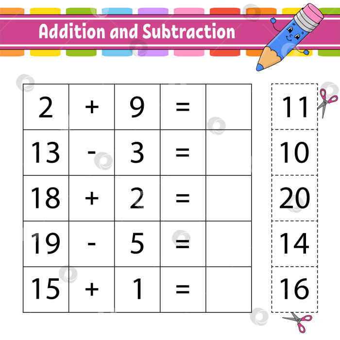 Скачать Сложение и вычитание. Задание для детей. Вырезаем и вставляем. Развивающий лист для обучения. Страница с упражнениями. Игра для детей. Забавный персонаж. Изолированная векторная иллюстрация. Мультяшный стиль. фотосток Ozero