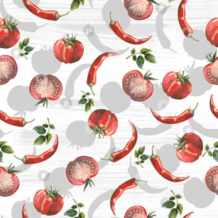 Скачать Бесшовный рисунок, нарисованный вручную, с помидорами, ломтиками, половинками и помидорами черри. фотосток Ozero