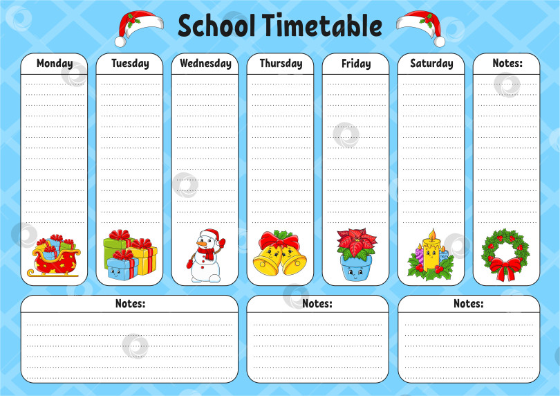 Скачать Школьное расписание. Расписание для школьников. Пустой шаблон. Еженедельник с заметками. мультяшный персонаж. Векторная иллюстрация. фотосток Ozero