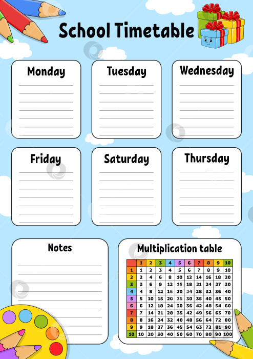 Скачать Школьное расписание. Для обучения детей. Выделено на цветном фоне. С милым мультяшным персонажем. Векторная иллюстрация. фотосток Ozero