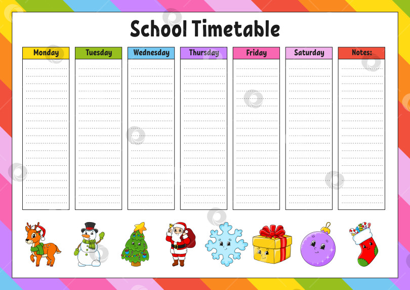 Скачать Школьное расписание. Расписание для школьников. Пустой шаблон. Еженедельник с заметками. мультяшный персонаж. Векторная иллюстрация. фотосток Ozero