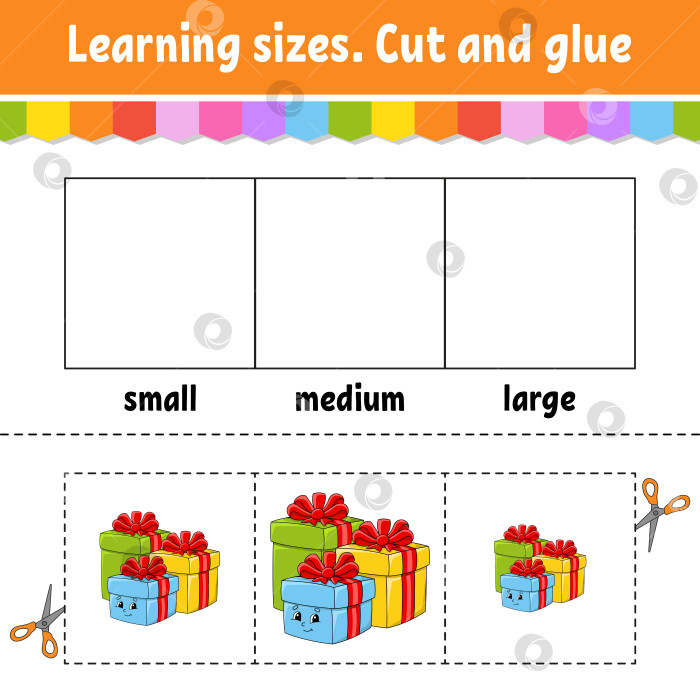 Скачать Учим размеры. Вырезаем и склеиваем. Простой уровень. Раскрашиваем рабочую тетрадь. Игра для детей. Персонаж мультфильма. Векторная иллюстрация. фотосток Ozero
