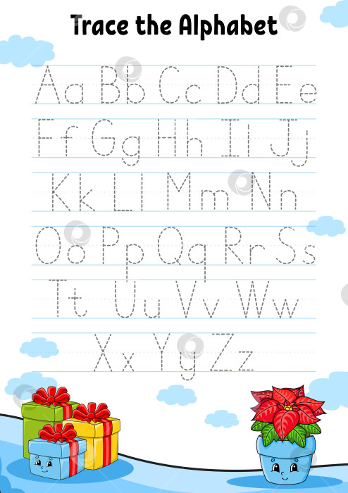 Скачать Пишем буквы. Страница с обводкой. Тренировочный лист. Рабочая тетрадь для детей. Учим алфавит. Милый персонаж. Мультяшный стиль. Векторная иллюстрация. фотосток Ozero