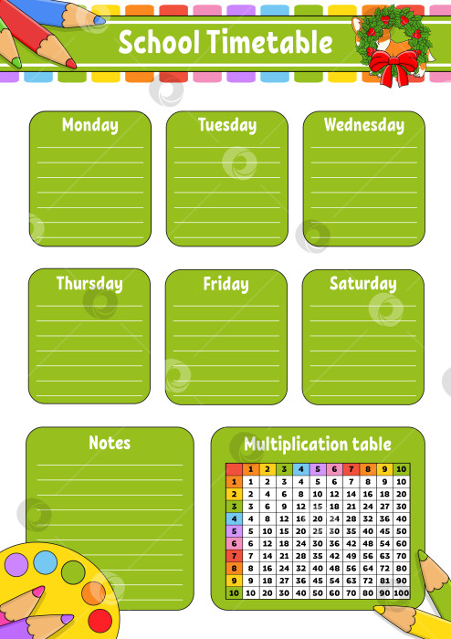 Скачать Школьное расписание с таблицей умножения. Для обучения детей. Выделено на белом фоне. С симпатичным мультяшным персонажем. Векторная иллюстрация. фотосток Ozero