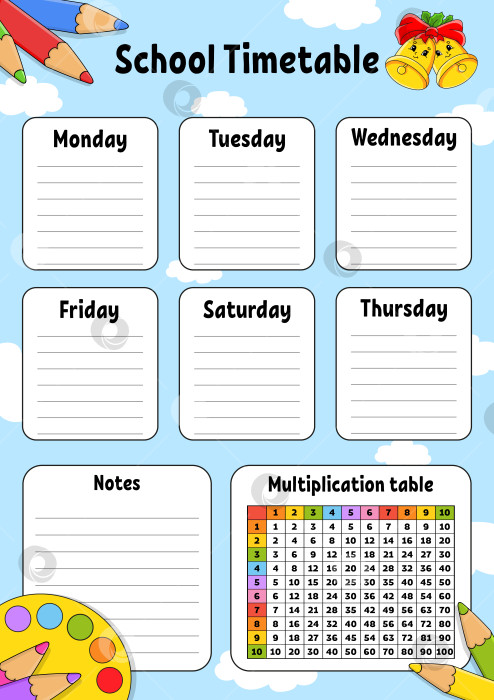Скачать Школьное расписание. Для обучения детей. Выделено на цветном фоне. С милым мультяшным персонажем. Векторная иллюстрация. фотосток Ozero