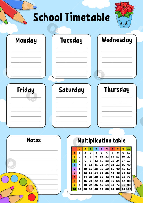 Скачать Школьное расписание. Для обучения детей. Выделено на цветном фоне. С милым мультяшным персонажем. Векторная иллюстрация. фотосток Ozero
